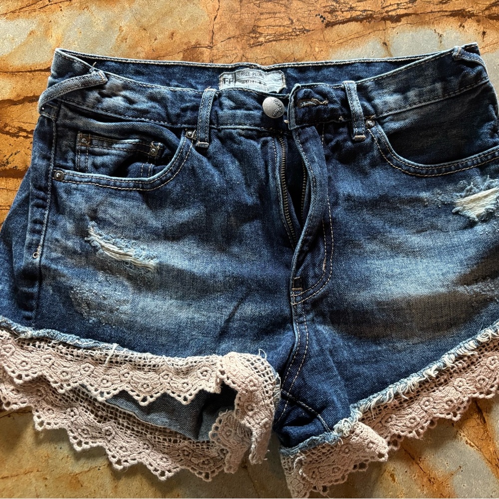 Free People Blue Jean Shorts with Lace Trim